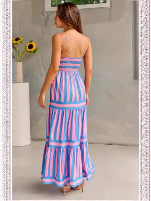 Women's striped backless summer dress with square neckline and side pockets in stretch fabric