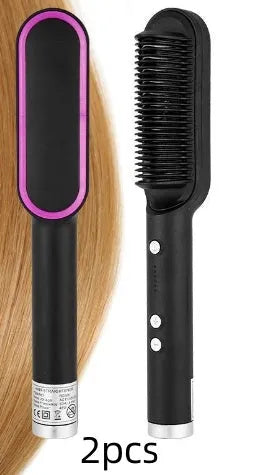 Red and black dual-function 2-in-1 hair straightener and curling tong hot comb on a white background