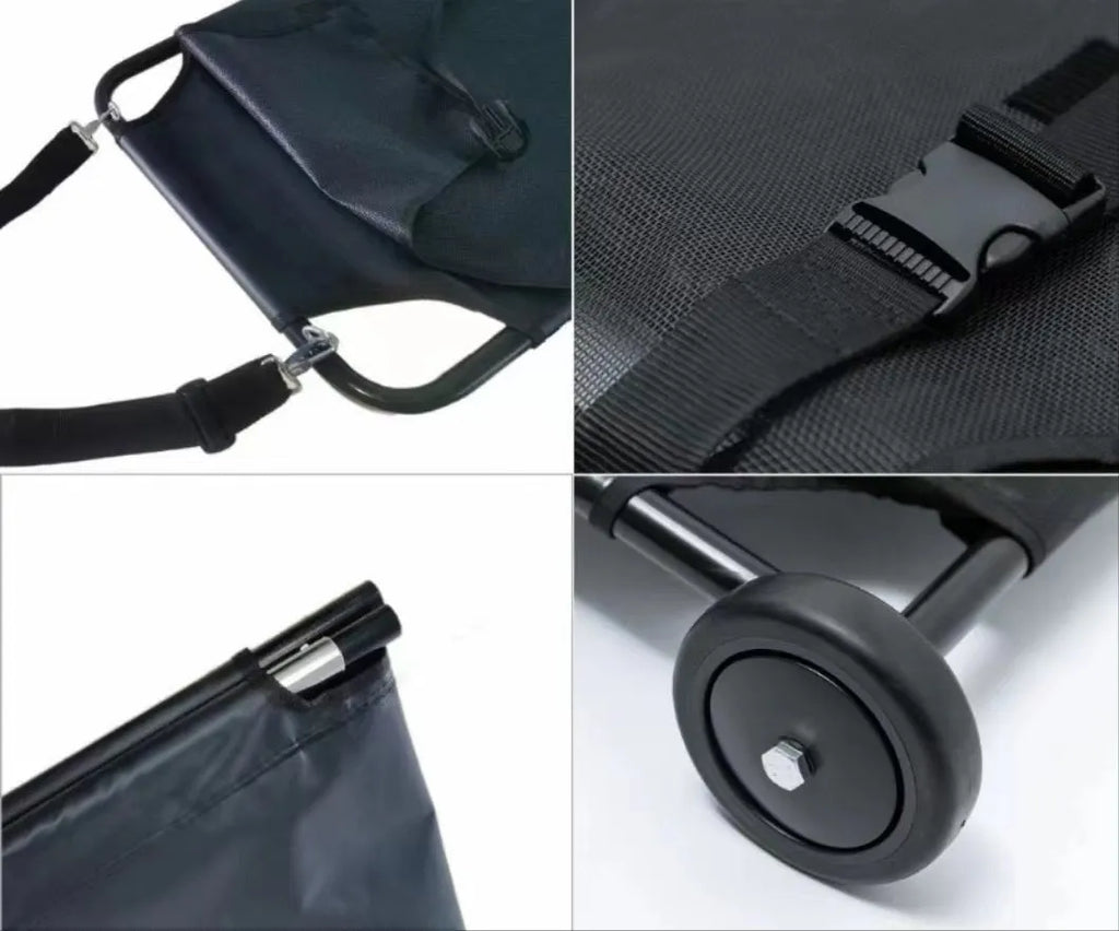 Large black folding aluminium alloy pet stretcher for dogs, shown in a folded and unfolded state.