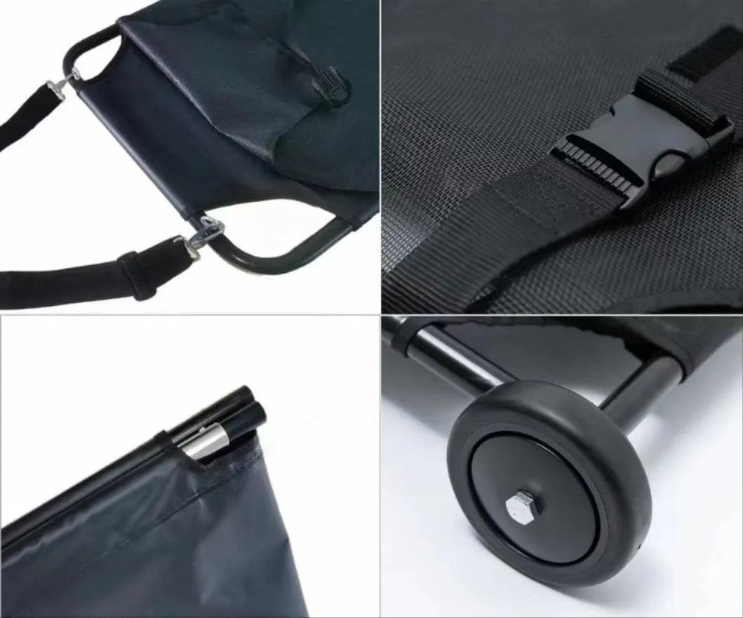 Large black folding aluminium alloy pet stretcher for dogs, shown in a folded and unfolded state.