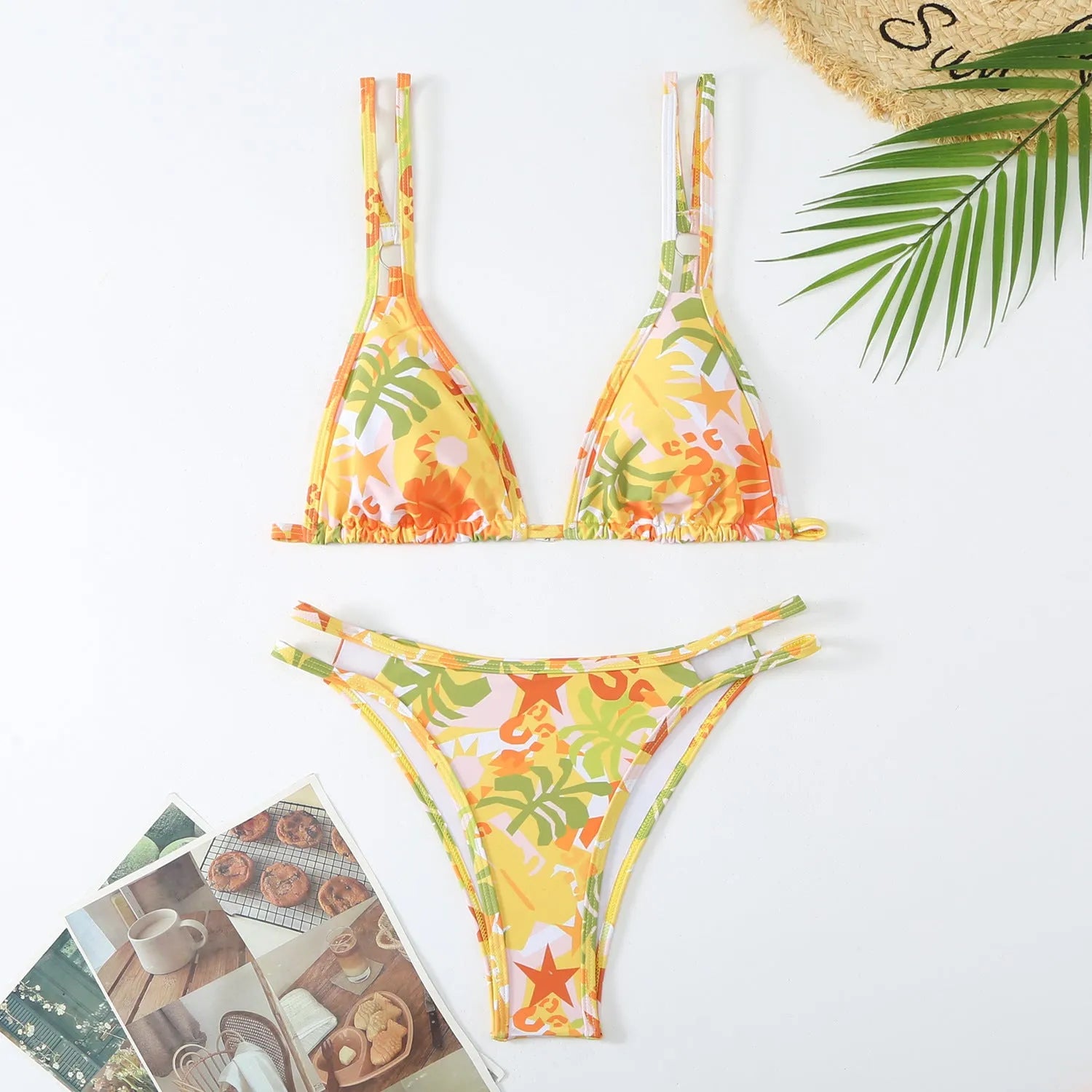 Women's floral print halter-neck bikini brief set in blue for swimming
