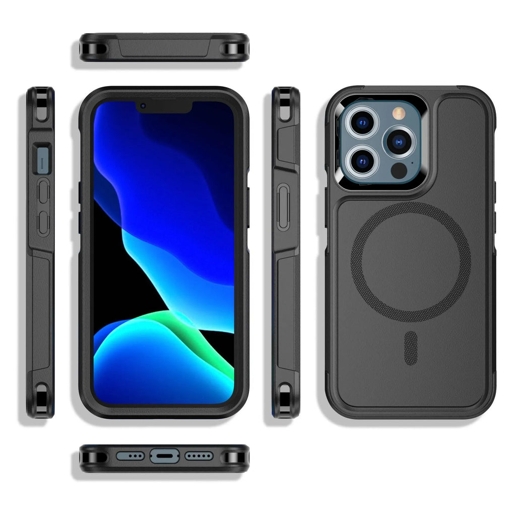 Black shatterproof magnetic iPhone case for iPhone 12 and iPhone 13 models with PC+TPU construction
