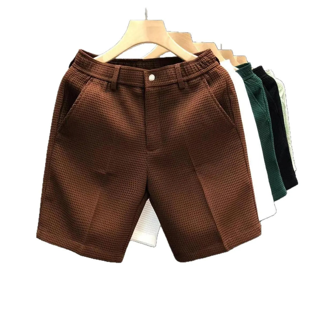 Men's thin cropped straight-leg trousers in black, high elasticity mid waist summer pants