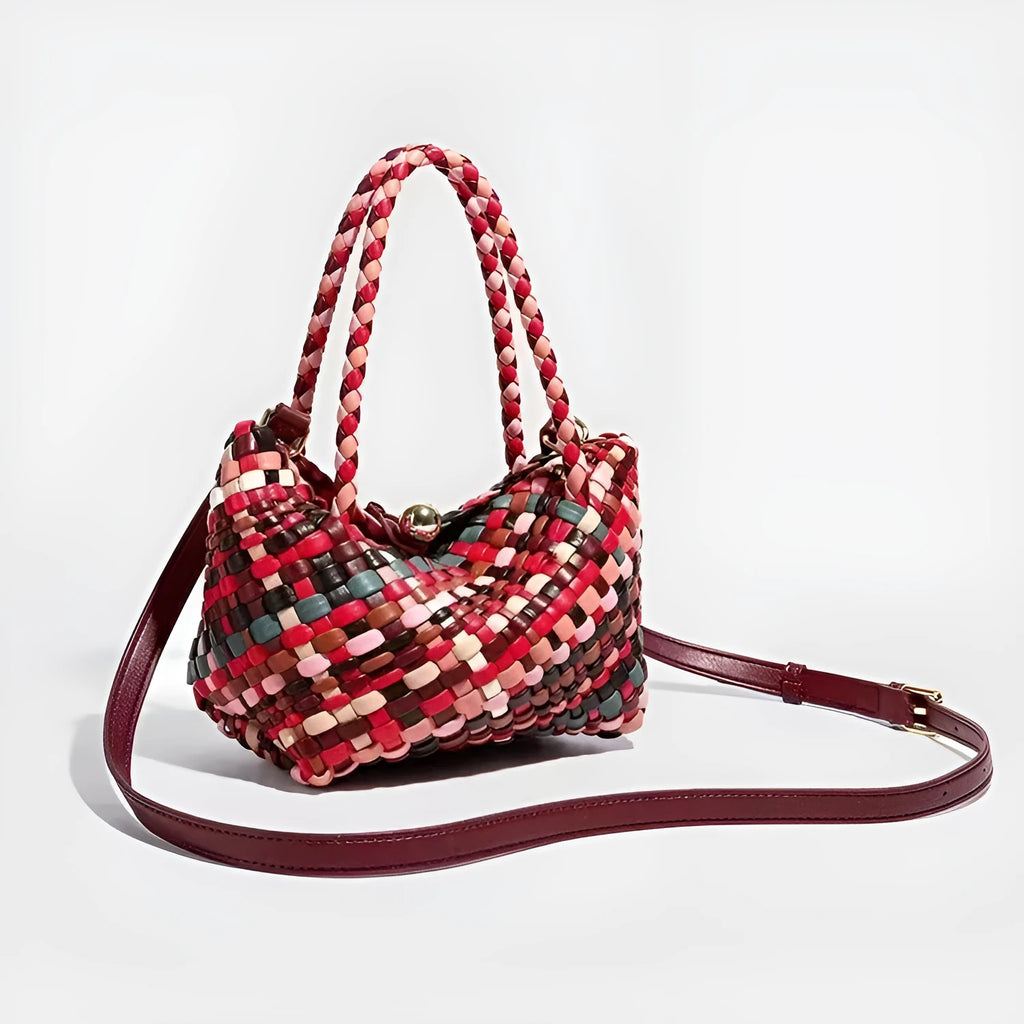 Women's woven PU shoulder bag with handmade design measuring 18x11x14cm