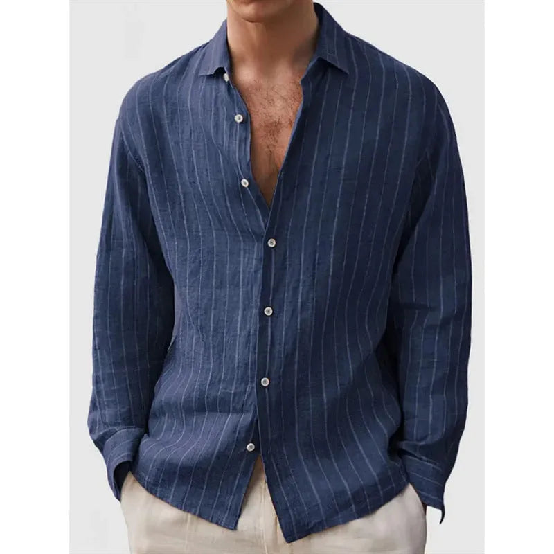 Men's striped polyester cardigan style shirt shown in multiple colour options