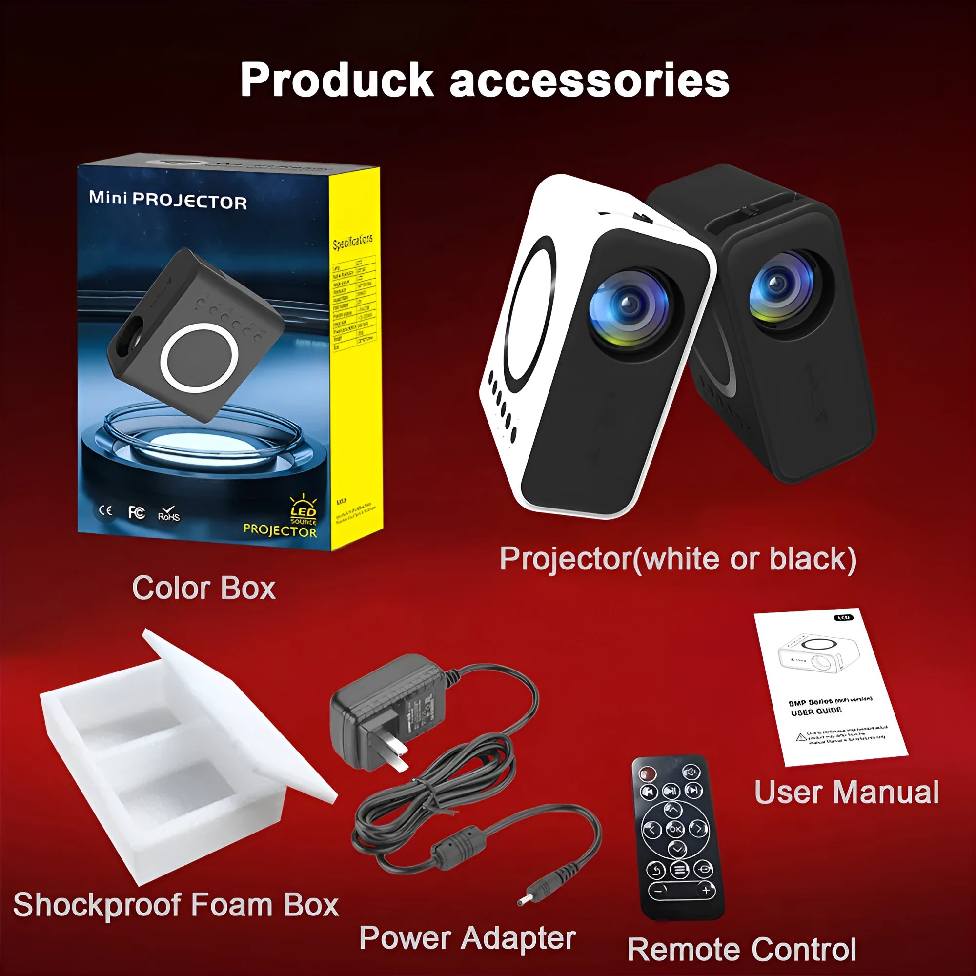 YT300 portable mini projector in black or white with remote control showing 100-inch projection capability