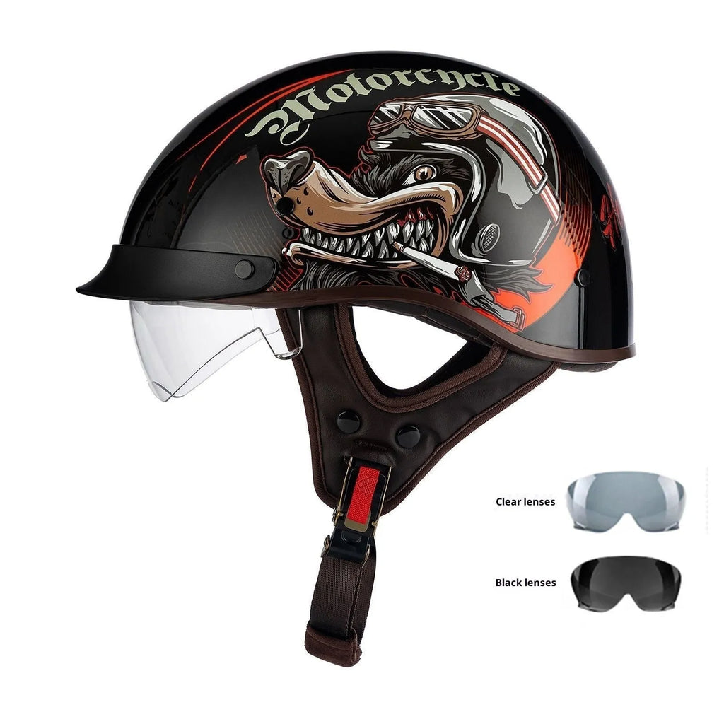 Retro half face motorcycle helmet in Bright Black Whirlwind Dog colour with UV visor