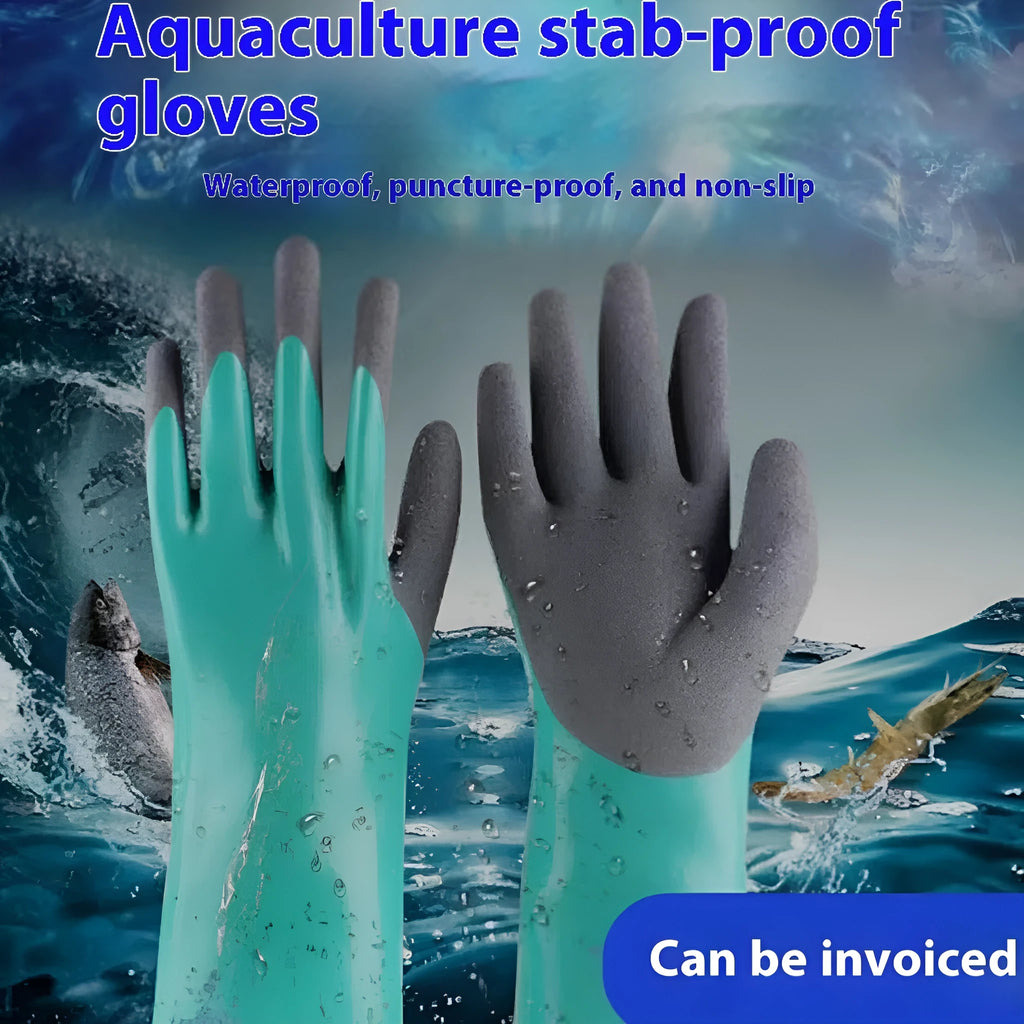Women's navy blue nitrile waterproof fishing gloves shown in short and lengthened sizes.