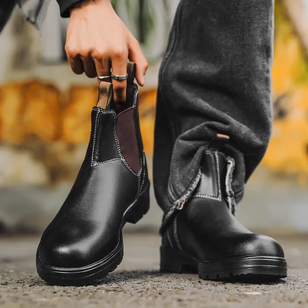 Brown vintage-style unisex Chelsea boots with a frosted finish and round toe.