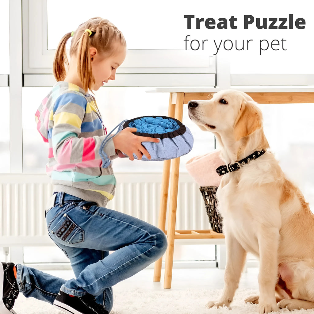 Blue and green adjustable fabric snuffle mat for dogs used as a slow feeder puzzle toy.