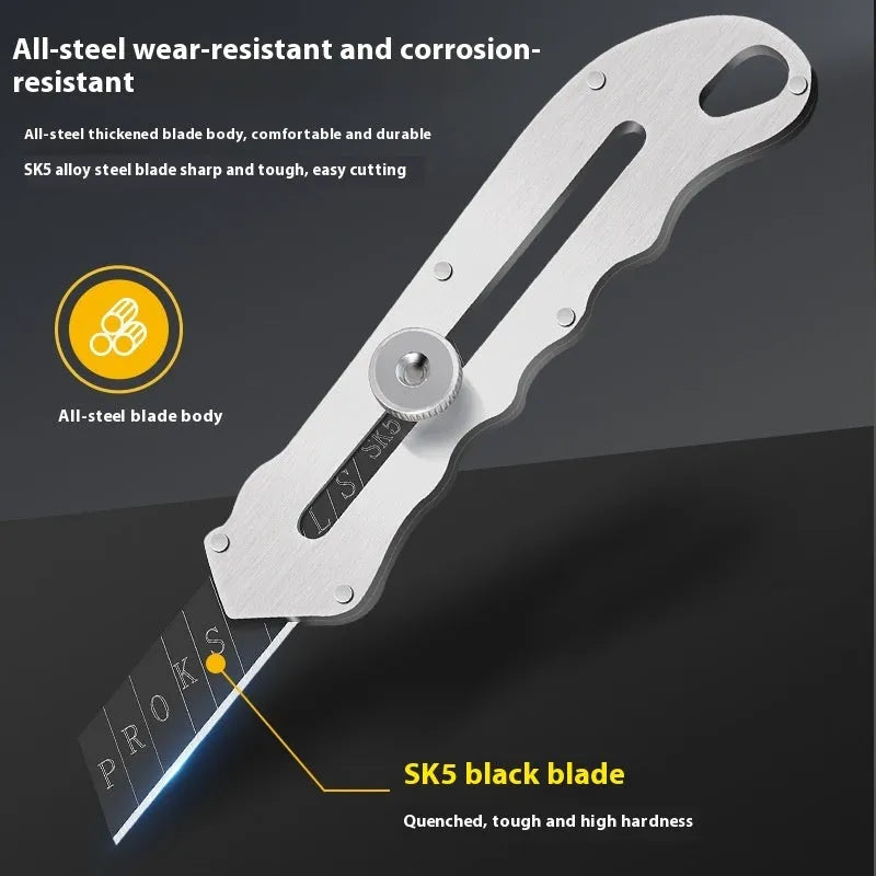 Stainless steel folding utility art knife with black blade and a pack of spare blades.