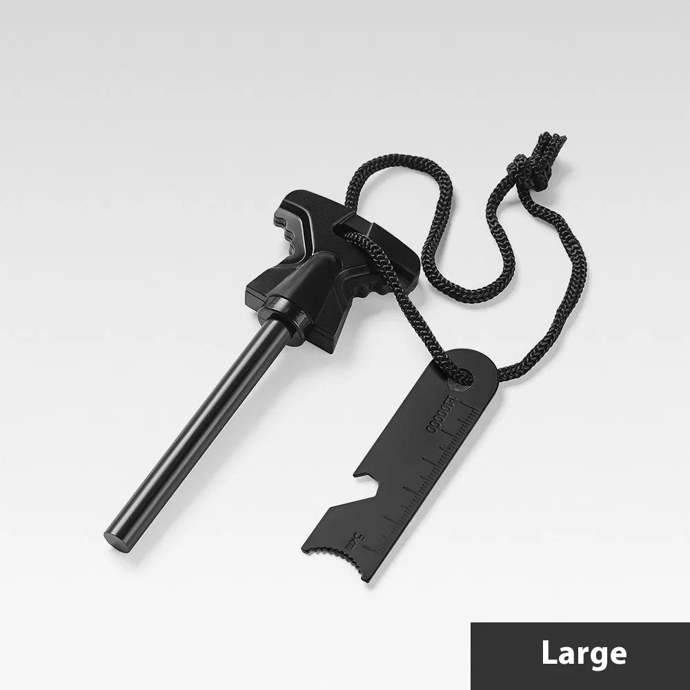 Butterfly-shaped stainless steel firestone and bottle opener survival tool.
