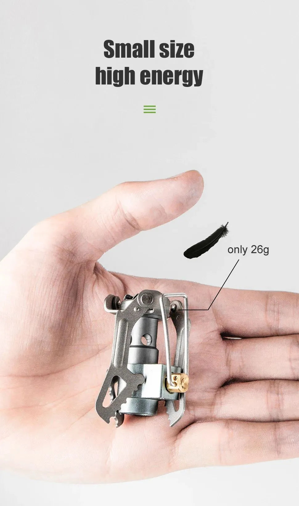 BRS-3000T ultralight titanium camping gas stove, 26g, folded size 37mm x 52mm, with green pouch