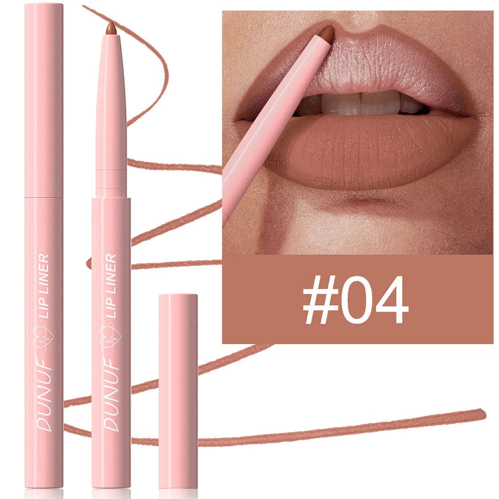 A velvet matte lip liner pencil shown with a swatch of its colour, one of twelve available shades.