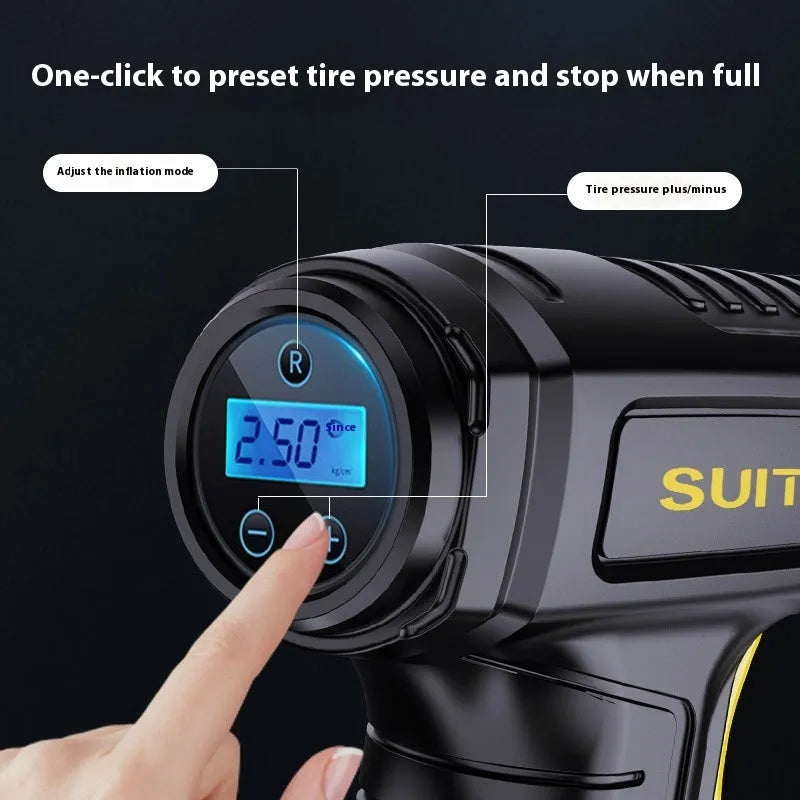 120W handheld inflator with digital display, lighting, ABS alloy body, 160 x 60 x 230 mm, DC12V, 20L/min airflow, air nozzle