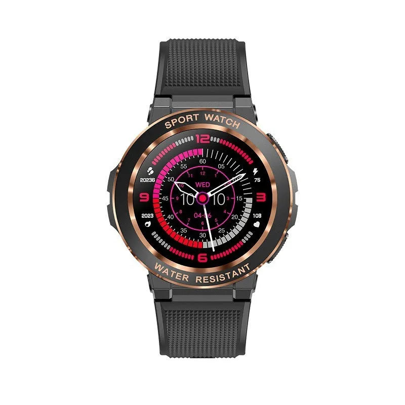 MK60 smart watch in pink with TFT screen showing health data, on a wrist, with Bluetooth call and health monitoring features.