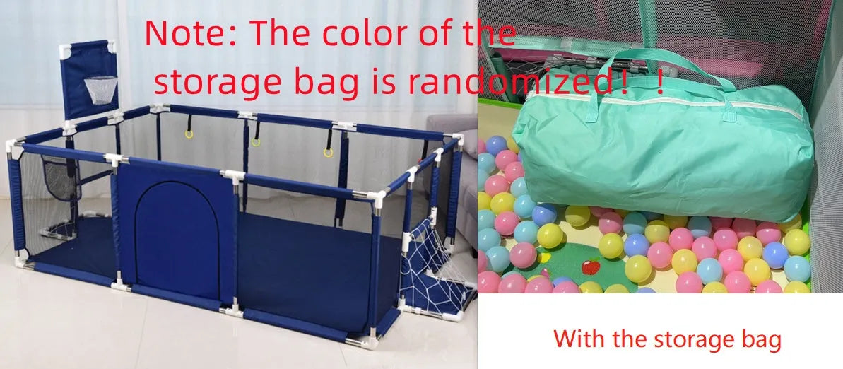 Large blue children's playpen tent with stainless steel frame and Oxford cloth walls set up indoors.
