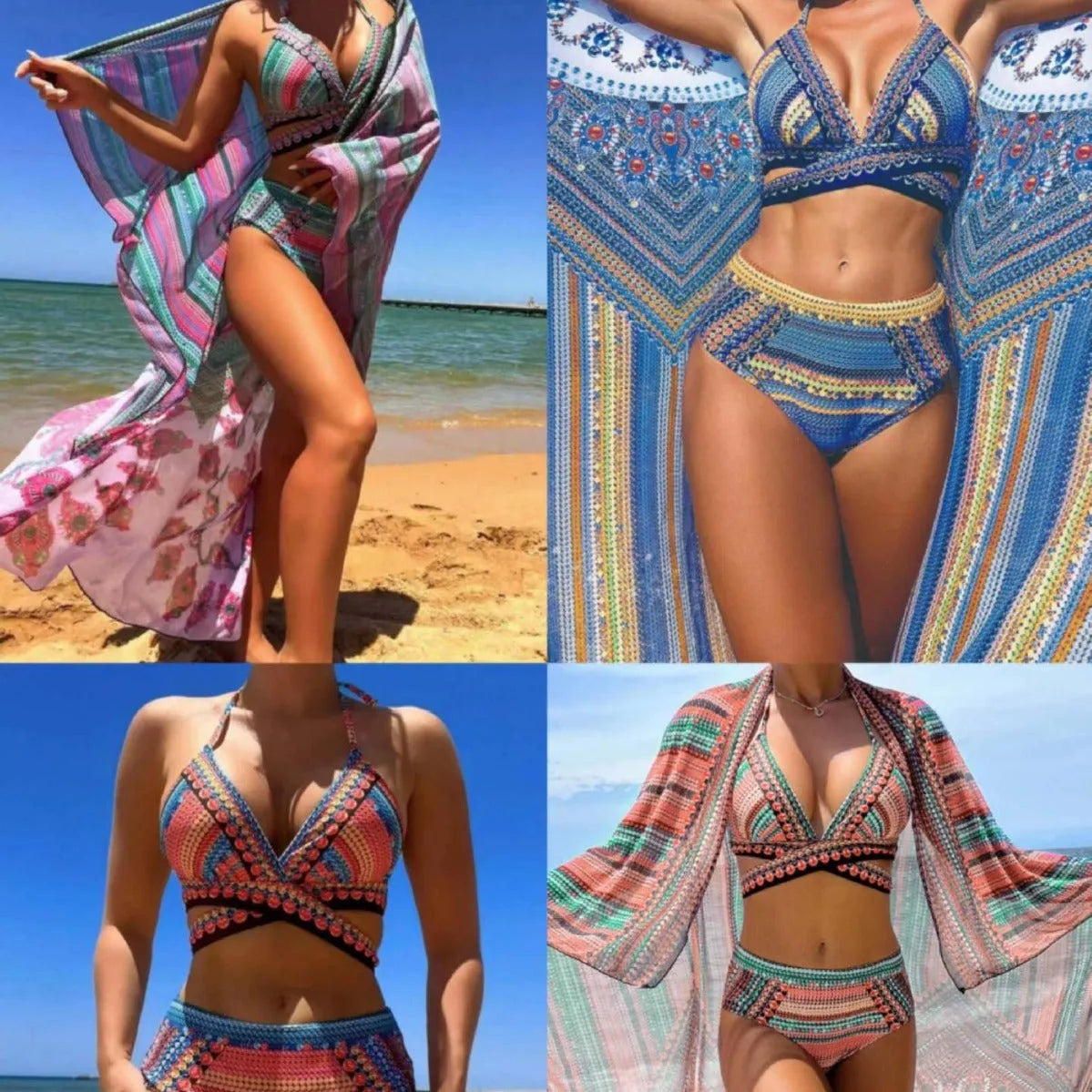 Women's cross bandage bikini set with high waist briefs and sheer veil panels in blue colour