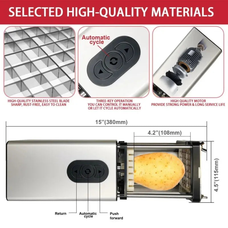 Black electric French fry cutter machine with stainless steel blades on a kitchen counter.