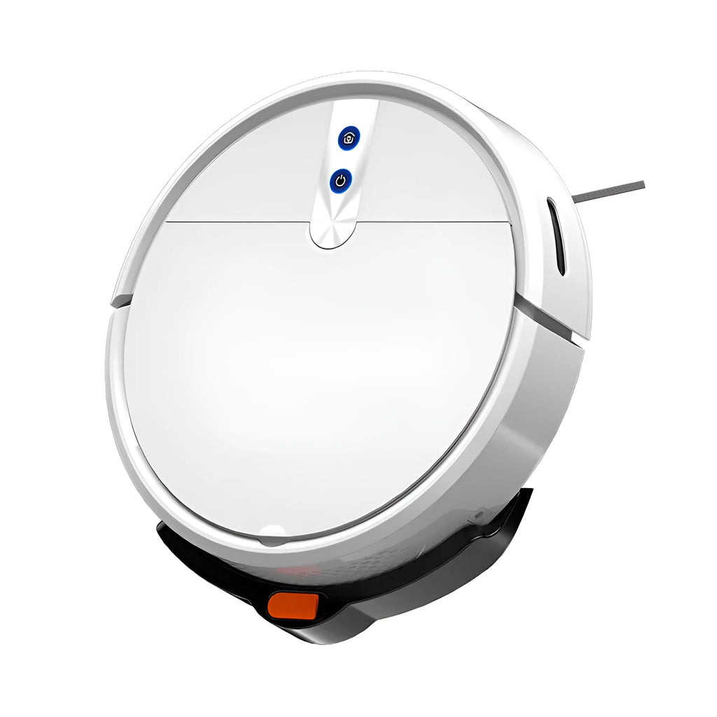 Black or white automatic sweeping robot vacuum cleaner with remote control on hardwood floor.
