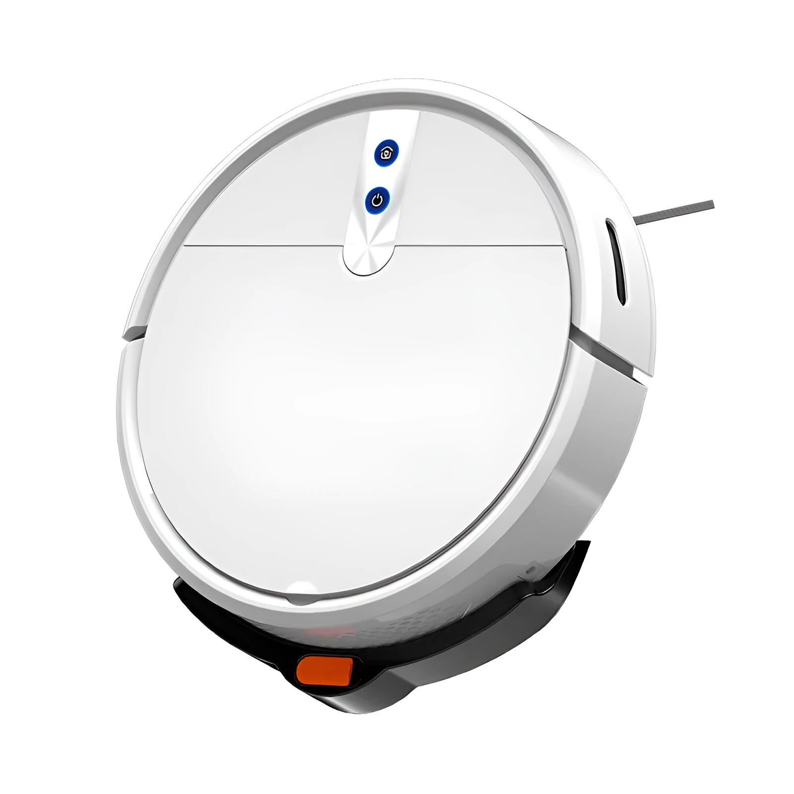 Black or white automatic sweeping robot vacuum cleaner with remote control on hardwood floor.