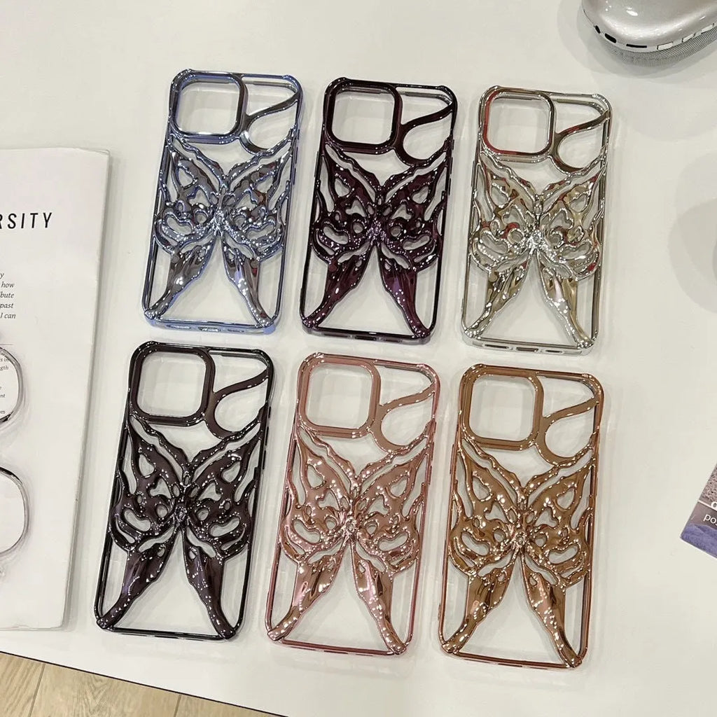 Apple iPhone 16 Pro TPU phone case with electroplated hollow 3D butterfly design in silver, showing full coverage fit