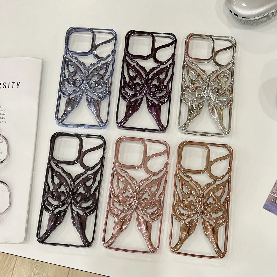 Apple iPhone 16 Pro TPU phone case with electroplated hollow 3D butterfly design in silver, showing full coverage fit