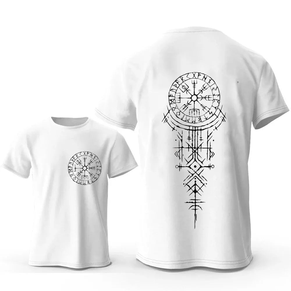 Men's grey Viking rune compass graphic printed on a cotton T-shirt, showing front design.