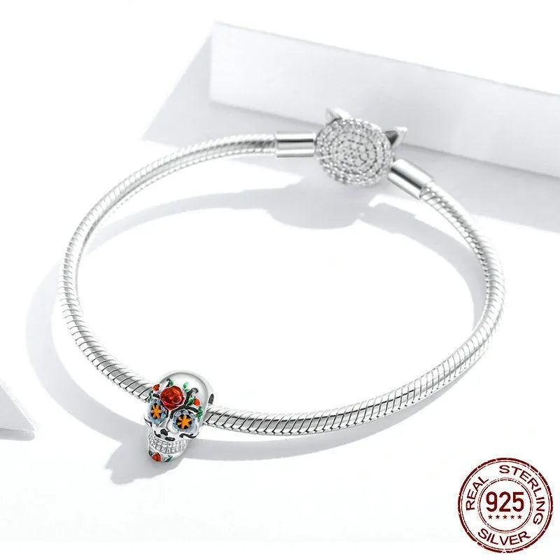 Halloween skull bead made from 925 sterling silver with platinum plating and oil drip finish