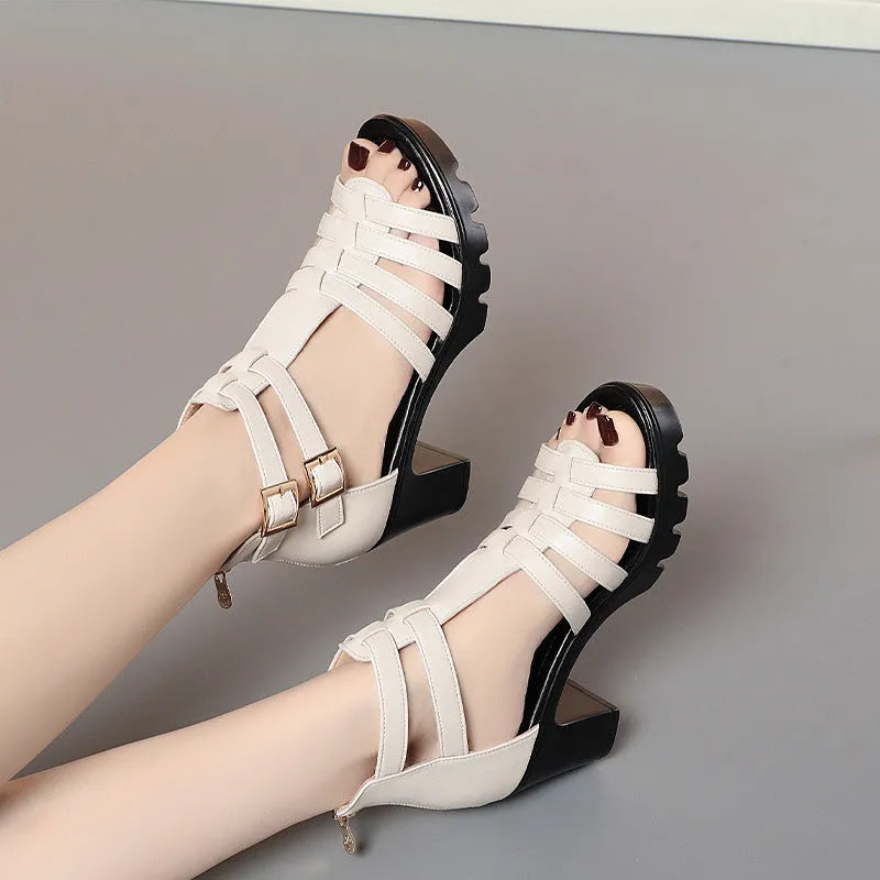 Women's beige hollow-out high heel shoes with rhinestone buckle and fish mouth toe, Korean style.