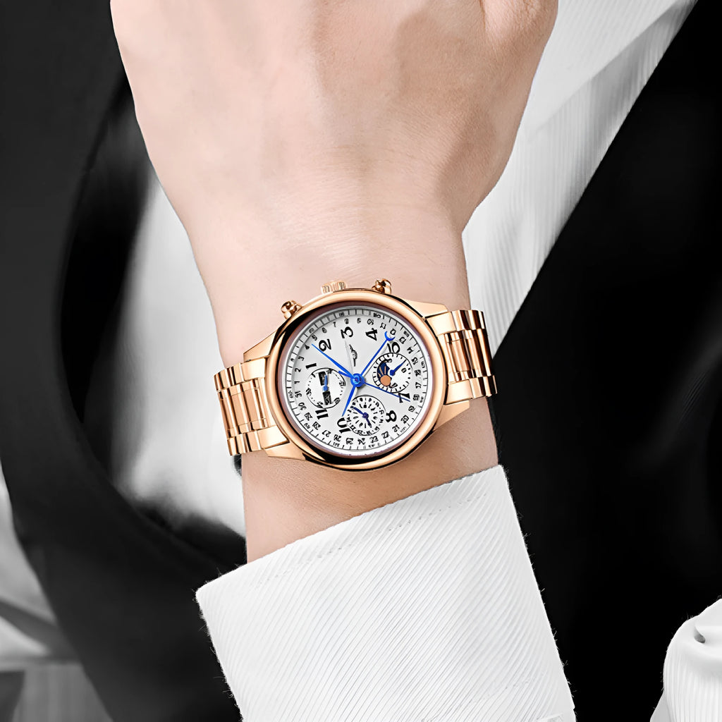 Men's mechanical perpetual calendar watch with moon phase display on black leather strap