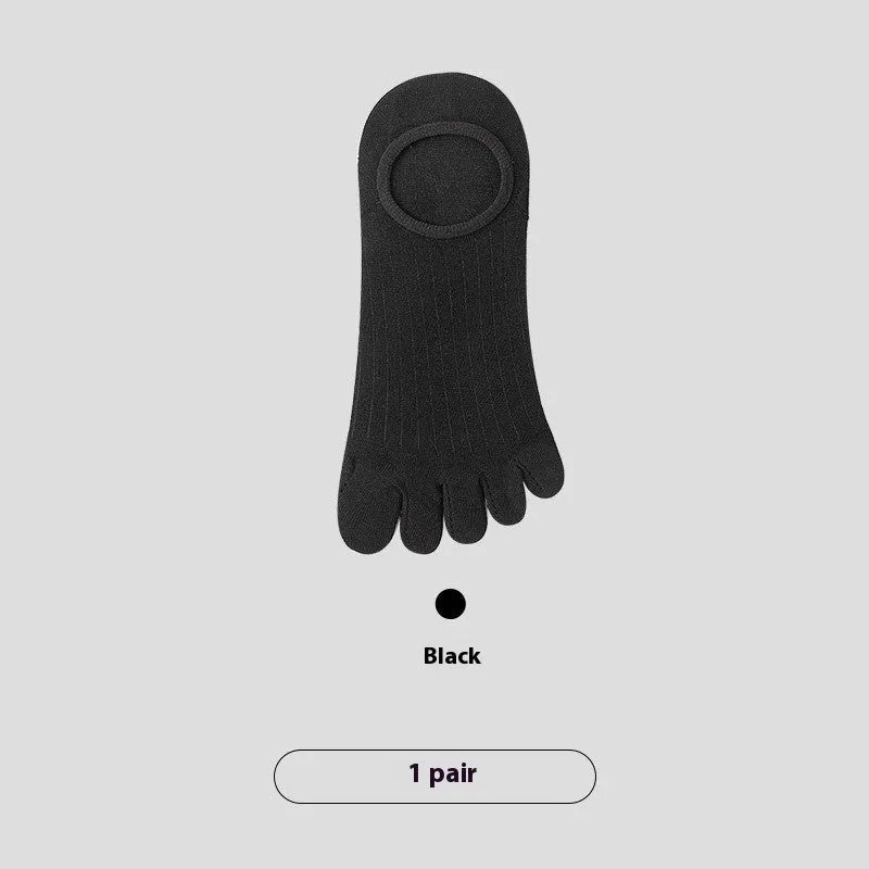 Men's five-finger invisible socks in modal fabric shown in black, white, grey, and khaki colours.