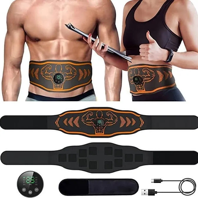 Smart Massage Belt EMS device with orange host, adjustable fitness belt, and electrode stickers on a grey background.