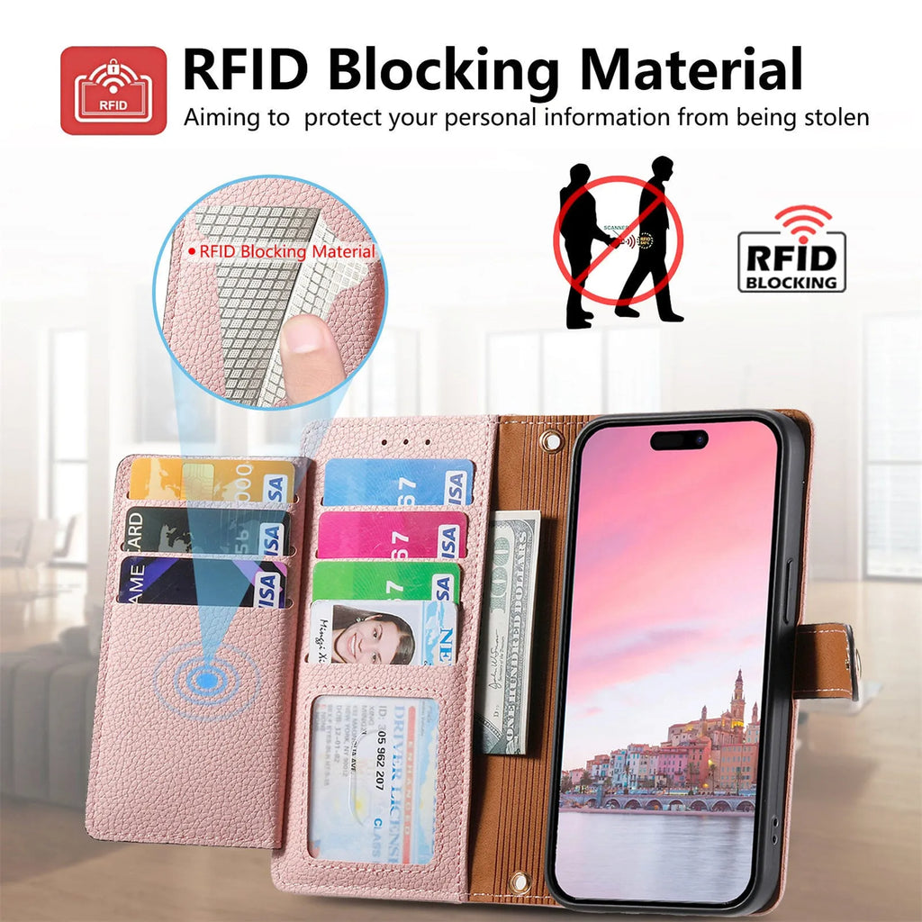 PU leather litchi pattern RFID swiping lanyard phone case for Apple iPhone with built-in bracket in pink