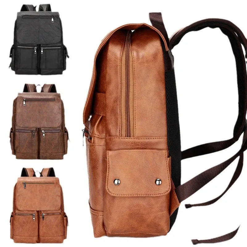 Vintage canvas computer backpack 14 inch laptop bag black brown light brown sewing thread detail