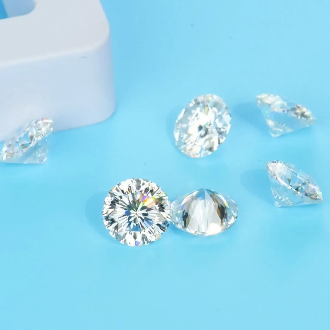 Round moissanite gem stone with eight hearts and eight arrows cut, showing polished surface