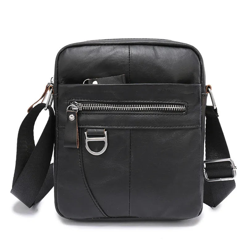 Brown genuine leather messenger bag with crossbody strap showing sewing-line detailing