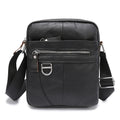 Brown genuine leather messenger bag with crossbody strap showing sewing-line detailing