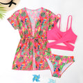 Girls floral patterned split overclothes swimsuit bikini set in polyester fabric