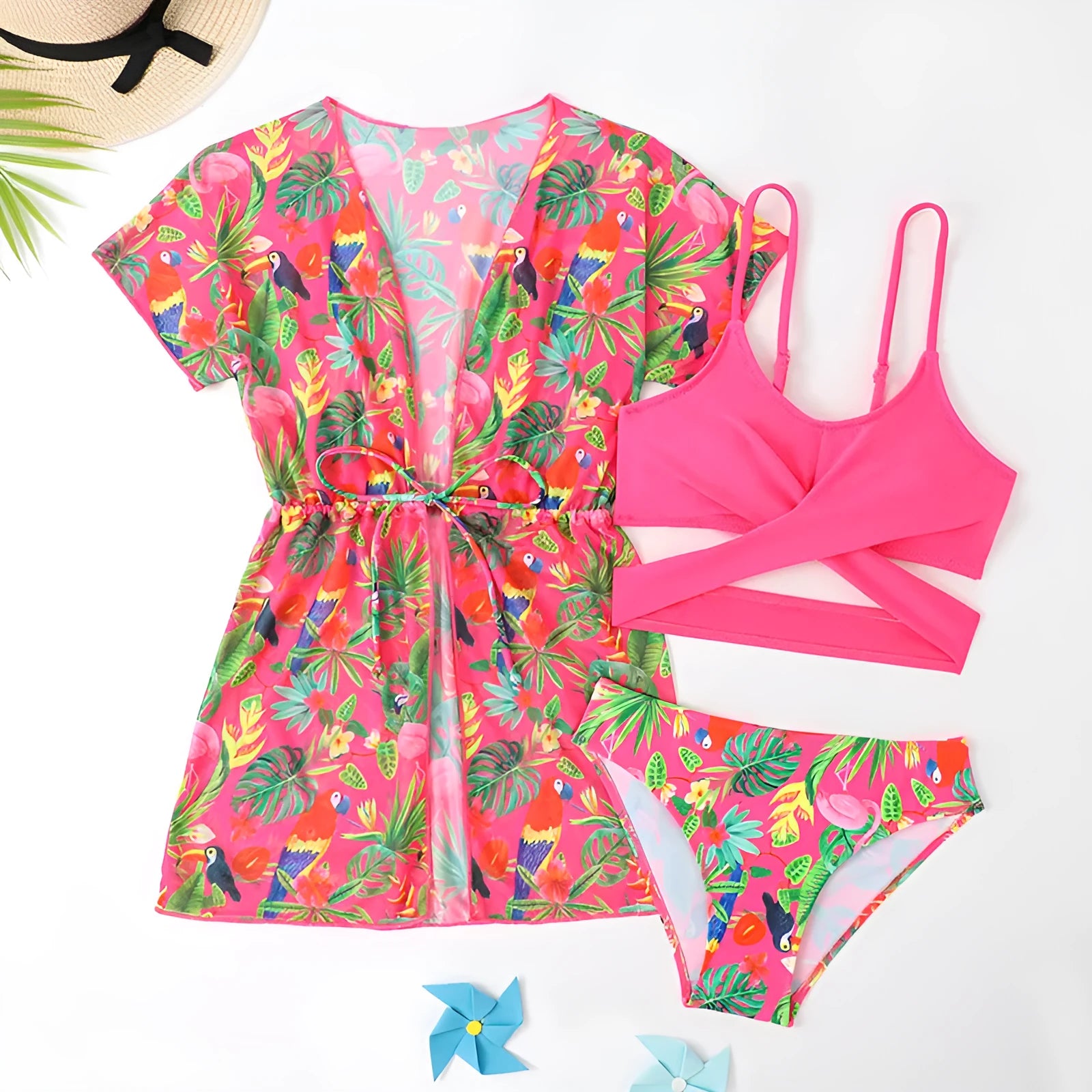 Girls floral patterned split overclothes swimsuit bikini set in polyester fabric