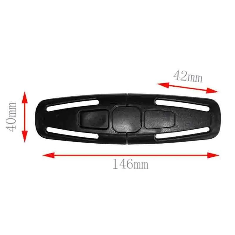 Black nylon seat belt buckle clip for child car seat 5-point harness measuring 14.5cm by 4cm