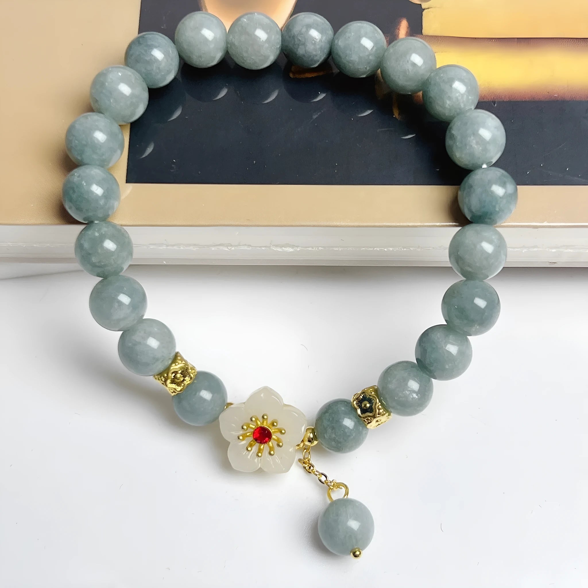 Women's adjustable jade bracelet with rope tightening mechanism in retro style