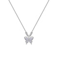 Women's silver necklace with square opal butterfly pendant on an adjustable cross chain.