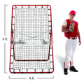 Red portable baseball training net with adjustable metal frame, folded to show its compact size.