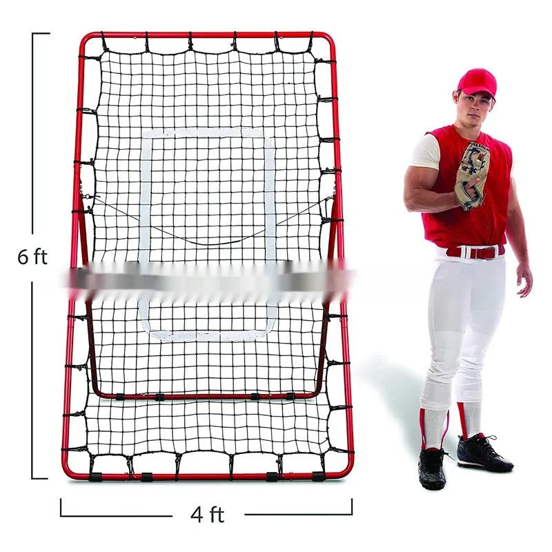 Red portable baseball training net with adjustable metal frame, folded to show its compact size.