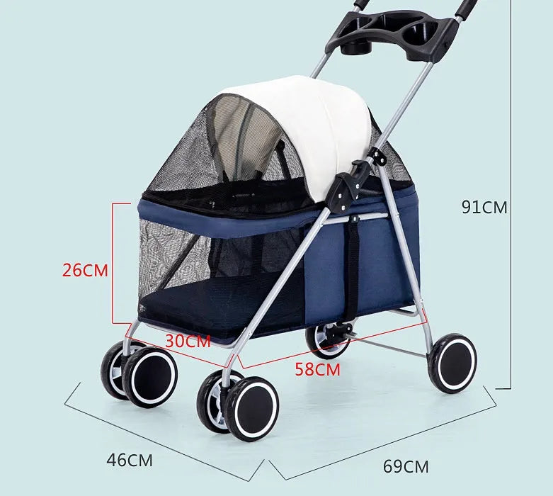 Folding pet stroller trolley with metal frame for cats dogs and rabbits in red black dark blue pink or brown
