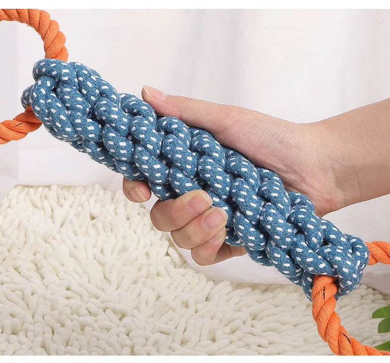 Blue double-ring braided cotton bone shape dog chew and tug toy
