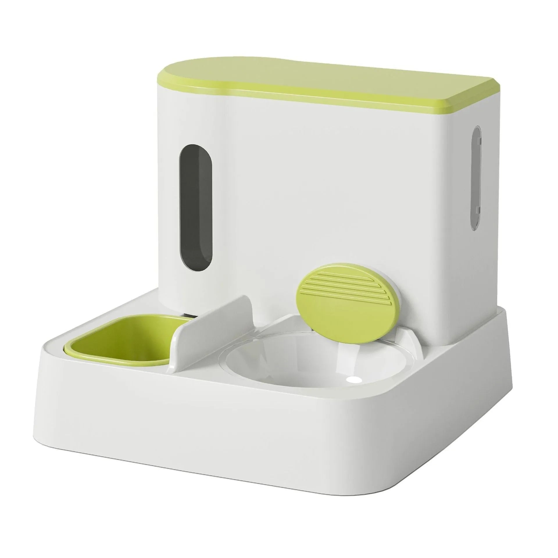 Grey cat automatic pet feeder with integrated double bowl water dispenser