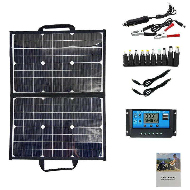 Black fabric folding bag containing a 40W single crystal solar panel, shown folded to its 42.5cm by 28.5cm size.
