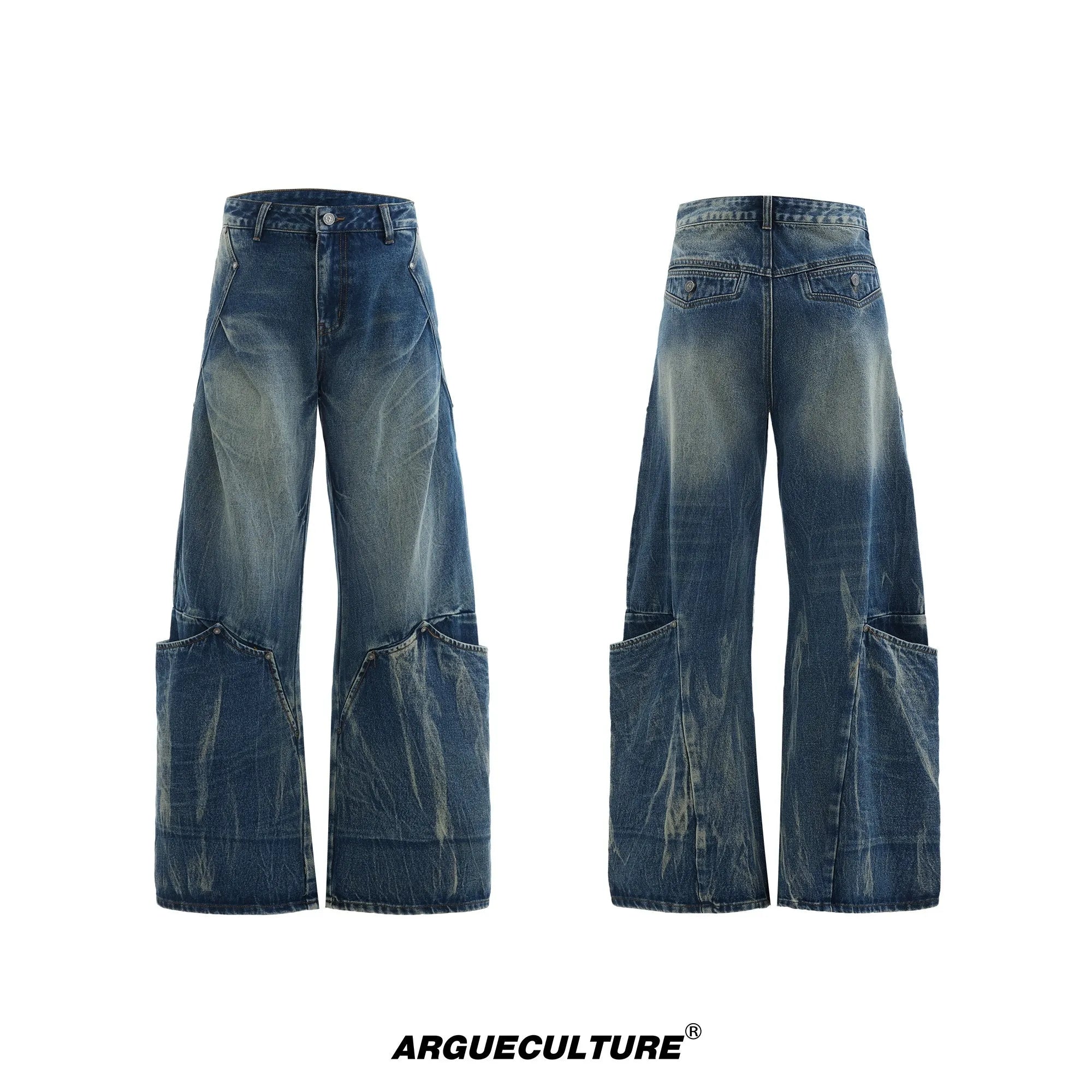 Man wearing verdant blue loose-fit jeans with a curved knife burst pattern on the thighs.